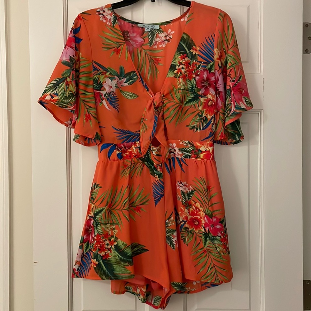 Floral tropical print tie front romper